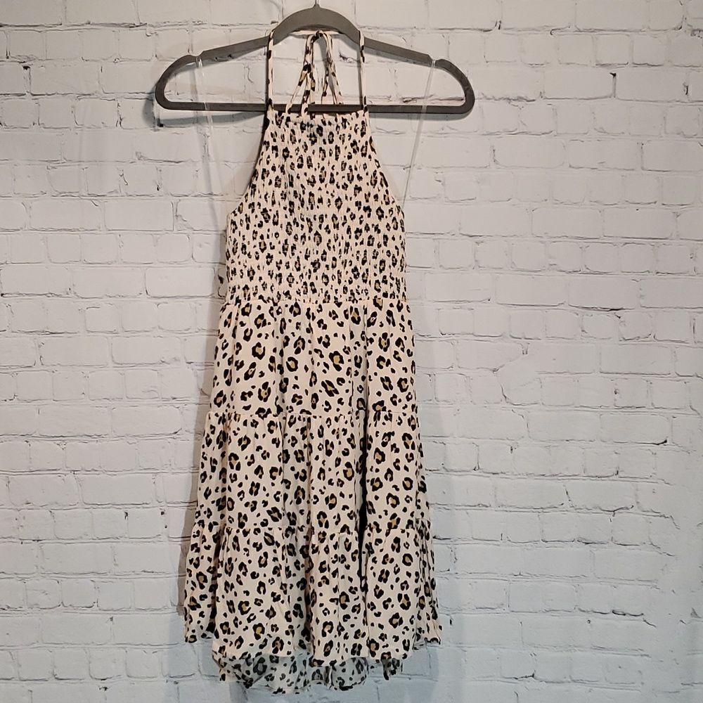 American Eagle pink animal print shirred top halter dress